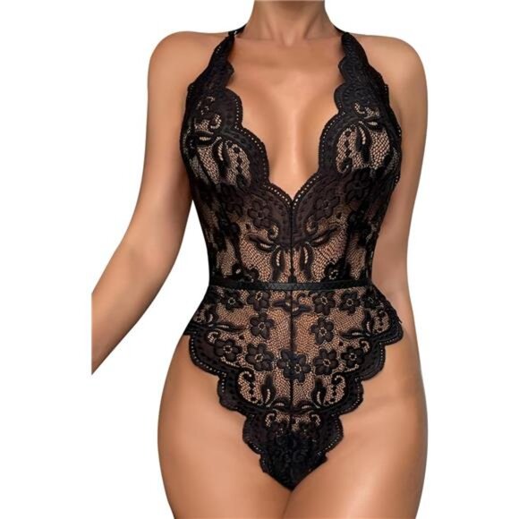 Sexy Lingerie for Women, Deep V-Neck Lace Bodysuit Black - Picture 1 of 4